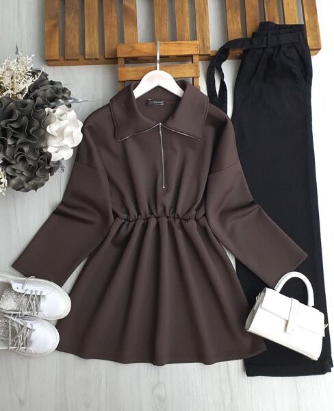 GOYD BELİ LASTİKLİ FERMUARLI KIVRIK YAKA TUNİK B9-1-5649-37-KAHVE - 1