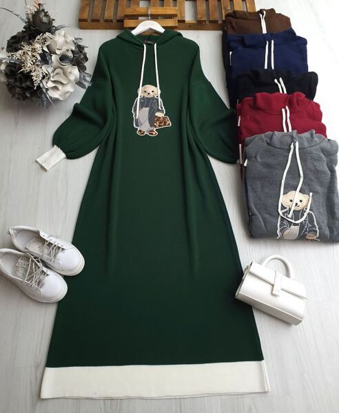 GUBE KAPŞONLU AYICIKLI DOKUMA TRİKO ELBİSE 8140-27-ZÜMRÜT - 1