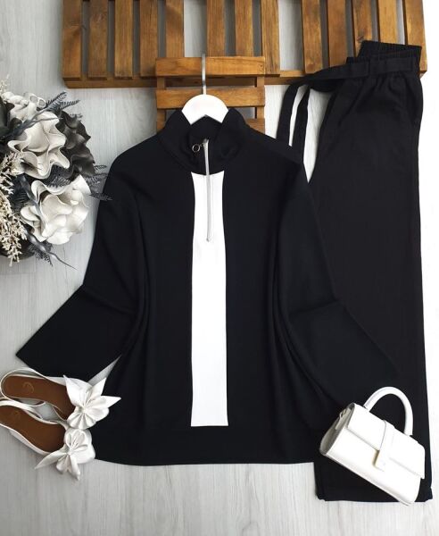 GUCEN BEYAZ GARNİLİ YARIM FERMUARLI TUNİK B3-5-5635-01-SİYAH - 1