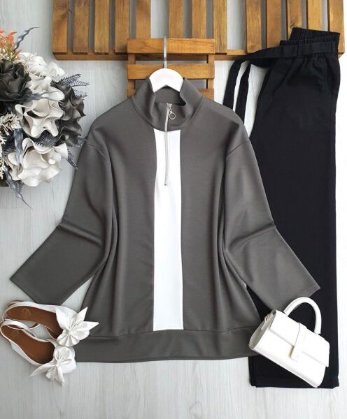 GUCEN BEYAZ GARNİLİ YARIM FERMUARLI TUNİK B3-5-5635-09-HAKİ - 1