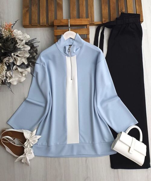 GUCEN BEYAZ GARNİLİ YARIM FERMUARLI TUNİK B3-5-5635-10-MAVİ - 1