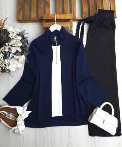 GUCEN BEYAZ GARNİLİ YARIM FERMUARLI TUNİK B3-5-5635-12-LACİVERT - 