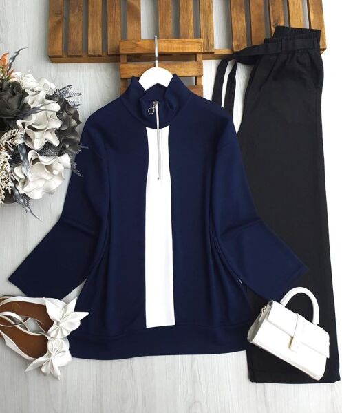 GUCEN BEYAZ GARNİLİ YARIM FERMUARLI TUNİK B3-5-5635-12-LACİVERT - 1