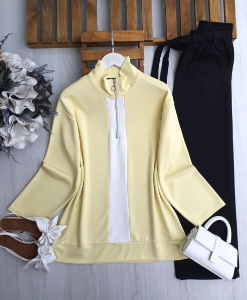 GUCEN BEYAZ GARNİLİ YARIM FERMUARLI TUNİK B3-5-5635-23-SARI - 1