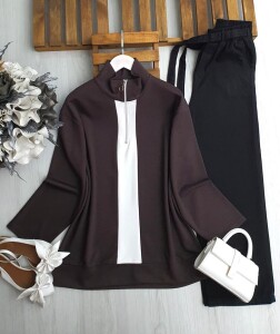 GUCEN BEYAZ GARNİLİ YARIM FERMUARLI TUNİK B3-5-5635-37-KAHVE - 1