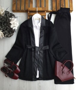 GUNGE DERİ KEMERLİ SAKALLI KİMONO A5-6-3198-01-SİYAH - 