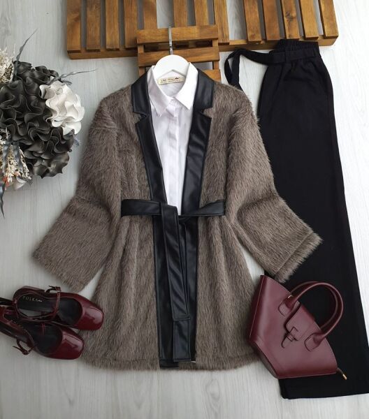 GUNGE DERİ KEMERLİ SAKALLI KİMONO A5-6-3198-25-VİZON - 1