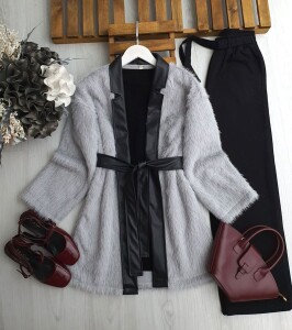 GUNGE DERİ KEMERLİ SAKALLI KİMONO A5-6-3198-26-GRİ - 1