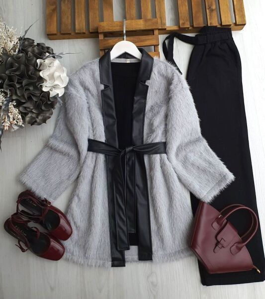 GUNGE DERİ KEMERLİ SAKALLI KİMONO A5-6-3198-26-GRİ - 1