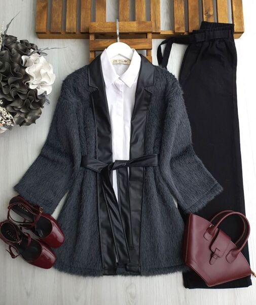 GUNGE DERİ KEMERLİ SAKALLI KİMONO A5-6-3198-58-FÜME - 1