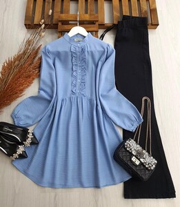 GUSA FIRFIRLI DÜĞMELİ SALAŞ KETEN TUNİK A5-3-5314-13-BEBE MAVİSİ - 