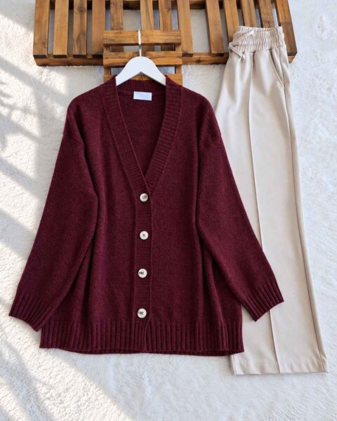 GUSK AÇIK YAKA DÜĞMELİ YUMOŞ HIRKA 60004-04-BORDO - 1