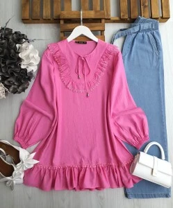 GUVNE ÖN VE ETEK UCU DANTEL ŞERİTLİ FIRFIRLI TUNİK A9-6-5585-47-PEMBE - 