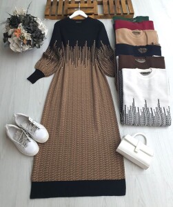 GUZHE TAŞLI RİTİM DESENLİ TRİKO ELBİSE 8135-01-SİYAH - 1