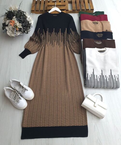 GUZHE TAŞLI RİTİM DESENLİ TRİKO ELBİSE 8135-01-SİYAH - 1