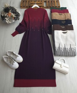 GUZHE TAŞLI RİTİM DESENLİ TRİKO ELBİSE 8135-04-BORDO - 1