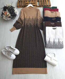 GUZHE TAŞLI RİTİM DESENLİ TRİKO ELBİSE 8135-48-BİSKÜVİ - 1