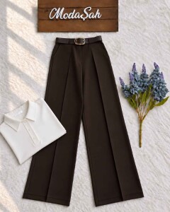 HABED DERİ KEMERLİ POLİVİSKON PANTOLON A5-6-40004-37-KAHVE - 