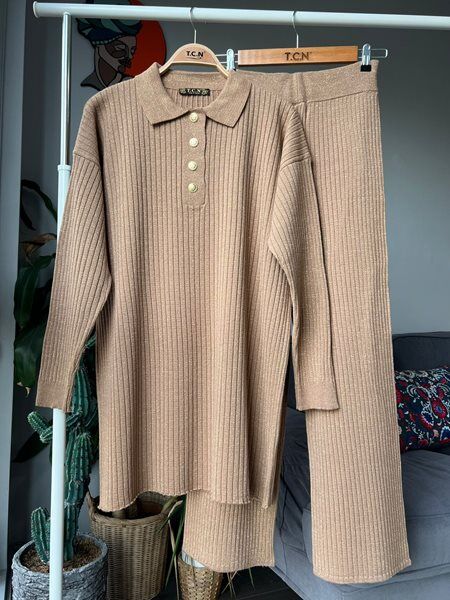 HAGE KENDİNDEN SİMLİ YAKALI TRİKO TAKIM A9-3-8096-48-BİSKÜVİ - 1