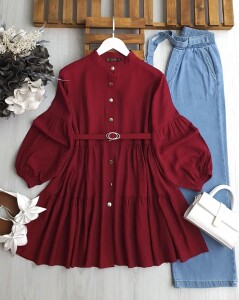 HAGME KAT KAT TOKALI KEMERLİ SALAŞ GÖMLEK TUNİK C3-5562-04-BORDO - 