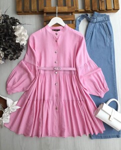 HAGME KAT KAT TOKALI KEMERLİ SALAŞ GÖMLEK TUNİK C3-5562-47-PEMBE - 