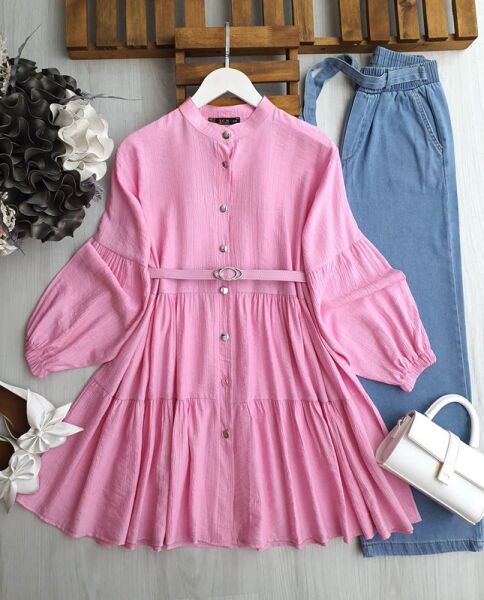 HAGME KAT KAT TOKALI KEMERLİ SALAŞ GÖMLEK TUNİK C3-5562-47-PEMBE - 1