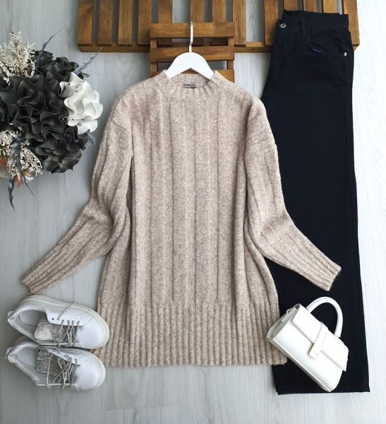 HALBEY DİLİMLİ YUMOŞ TUNİK 8197-58-VİZON - 1