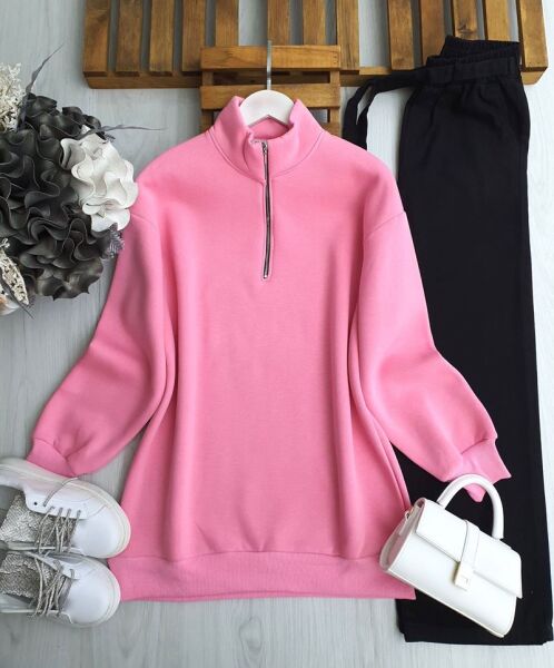 HAMEL DİK YAKA YARIM FERMUARLI ÜÇ İPLİK TUNİK B8-1-5637-05-PUDRA - 1