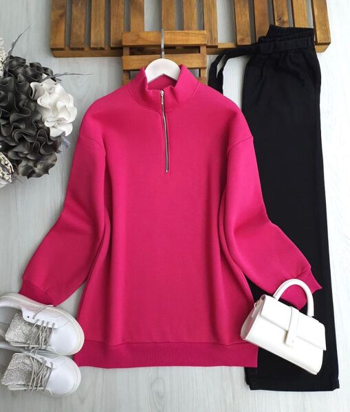 HAMEL DİK YAKA YARIM FERMUARLI ÜÇ İPLİK TUNİK B8-1-5637-28-FUŞYA - 1