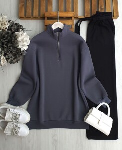 HAMEL DİK YAKA YARIM FERMUARLI ÜÇ İPLİK TUNİK B8-1-5637-29-ANTRASİT - 