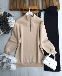 HAMEL DİK YAKA YARIM FERMUARLI ÜÇ İPLİK TUNİK B8-1-5637-34-BEJ - 