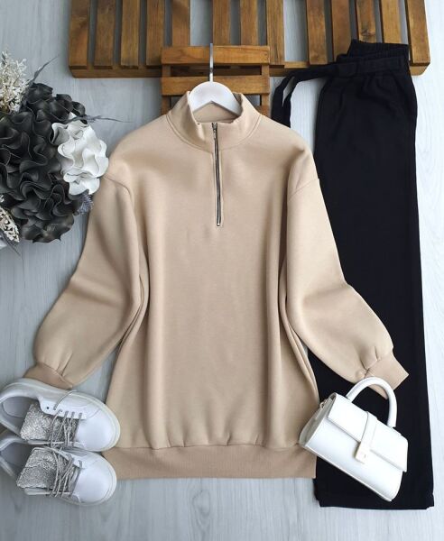 HAMEL DİK YAKA YARIM FERMUARLI ÜÇ İPLİK TUNİK B8-1-5637-34-BEJ - 1