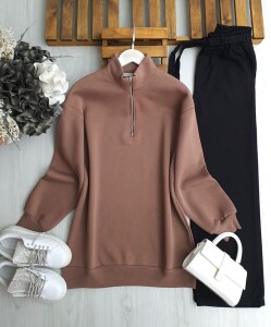 HAMEL DİK YAKA YARIM FERMUARLI ÜÇ İPLİK TUNİK B8-1-5637-37-KAHVE - 