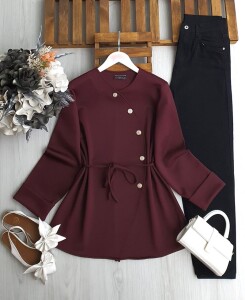HAPCA CAPRAZ DÜĞMELİ BELİ İPLİ TUNİK 5650-04-BORDO - 