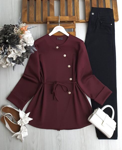 HAPCA CAPRAZ DÜĞMELİ BELİ İPLİ TUNİK 5650-04-BORDO - 1
