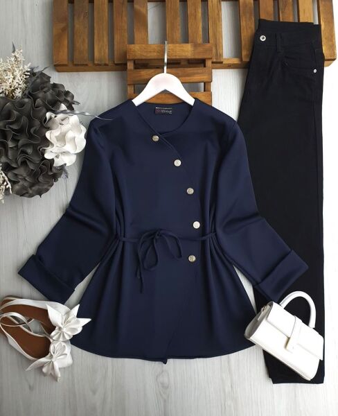 HAPCA CAPRAZ DÜĞMELİ BELİ İPLİ TUNİK 5650-12-LACİVERT - 1