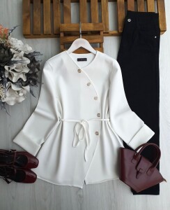 HAPCA CAPRAZ DÜĞMELİ BELİ İPLİ TUNİK 5650-20-BEYAZ - 