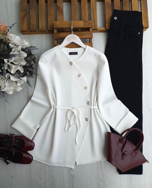 HAPCA CAPRAZ DÜĞMELİ BELİ İPLİ TUNİK 5650-20-BEYAZ - 1