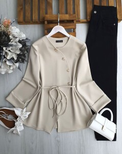 HAPCA CAPRAZ DÜĞMELİ BELİ İPLİ TUNİK 5650-34-BEJ - 