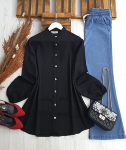 HASNİ DANTEL ŞERİTLİ KETEN GÖMLEK TUNİK A5-5-5421-01-SİYAH - 