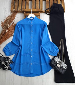 HASNİ DANTEL ŞERİTLİ KETEN GÖMLEK TUNİK A5-5-5421-10-MAVİ - 