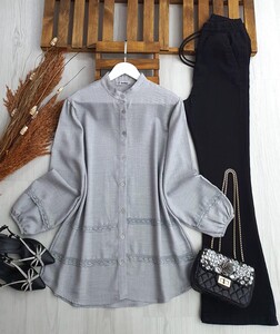 HASNİ DANTEL ŞERİTLİ KETEN GÖMLEK TUNİK A5-5-5421-26-GRİ - 