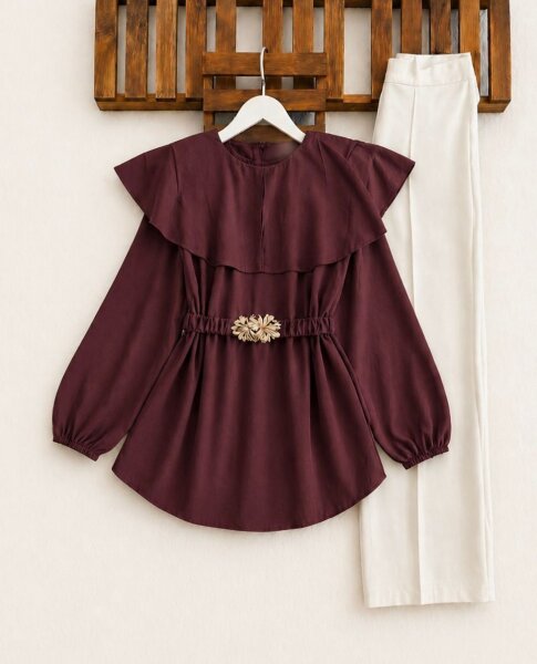 HAUVS TOKALI BÜZGÜ KEMERLİ ŞAL YAKA GÖMLEK TUNİK 5739-04-BORDO - 1