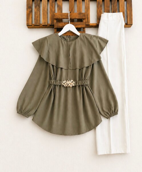 HAUVS TOKALI BÜZGÜ KEMERLİ ŞAL YAKA GÖMLEK TUNİK 5739-09-HAKİ - 1