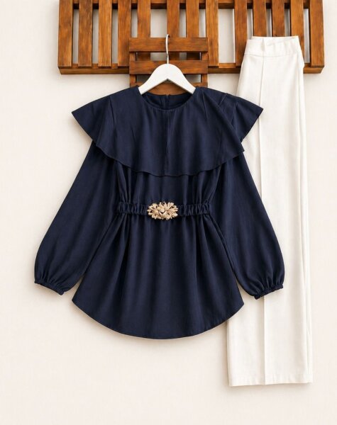 HAUVS TOKALI BÜZGÜ KEMERLİ ŞAL YAKA GÖMLEK TUNİK 5739-12-LACİVERT - 1