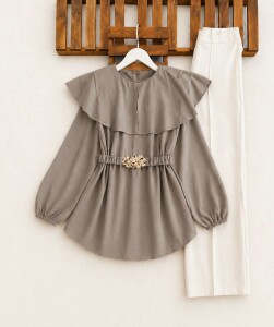 HAUVS TOKALI BÜZGÜ KEMERLİ ŞAL YAKA GÖMLEK TUNİK 5739-25-VİZON - 