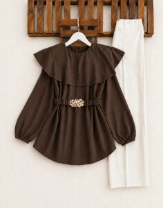 HAUVS TOKALI BÜZGÜ KEMERLİ ŞAL YAKA GÖMLEK TUNİK 5739-37-KAHVE - 