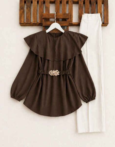 HAUVS TOKALI BÜZGÜ KEMERLİ ŞAL YAKA GÖMLEK TUNİK 5739-37-KAHVE - 1