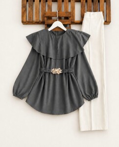 HAUVS TOKALI BÜZGÜ KEMERLİ ŞAL YAKA GÖMLEK TUNİK 5739-58-FÜME - 