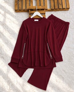 HAYQ YANLARI FERMUARLI İKİLİ TAKIM 10047-04-BORDO - 
